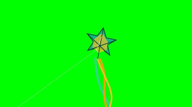 Animated Star Shaped Kite Flying Against a Bright Green Screen Background.
