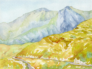 Watercolor illustration of rolling mountains with a winding road through alpine scenery. Peaceful highland landscape for travel, hiking, tourism, editorial and nature themed projects. © Tishina