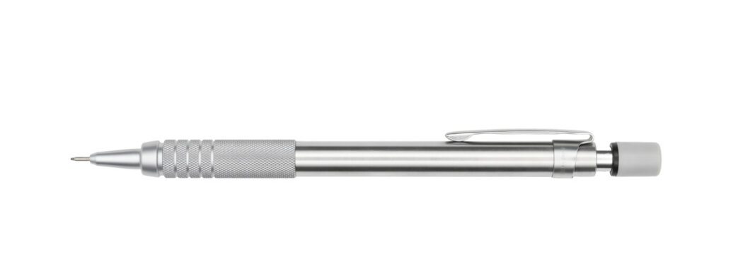 Modern metallic mechanical pencil with textured grip and clip on white background