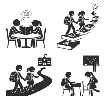 Back to School Icon Set Children Reading Classroom Learning Steps Vector