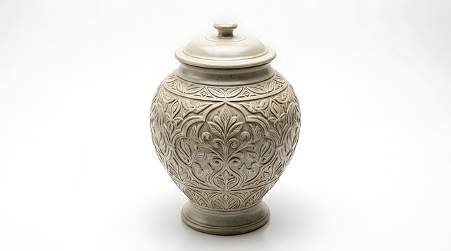 Ornate carved ceramic urn with lid featuring intricate floral relief patterns isolated on white background