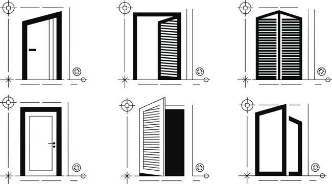 Architectural Door Symbols Set with Louvered and Folding Designs Vector Illustration