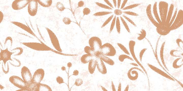 Hand outline drawing floral seamless pattern, flowers and leaves, noisy texture, pointillism, vector print