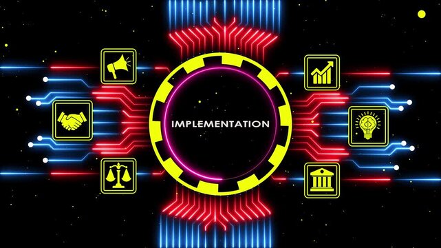Digital implementation concept with glowing neon light icons in dark starry background.