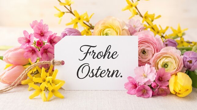 A beautiful spring flower arrangement with a white gift tag featuring the german text frohe ostern
