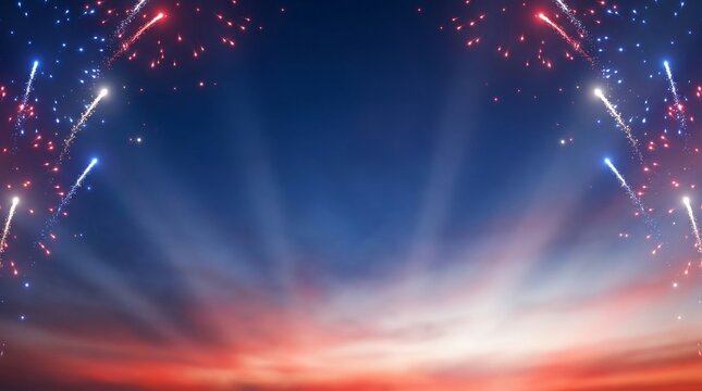Festive red, white, and blue fireworks falling on a twilight sunset sky background
