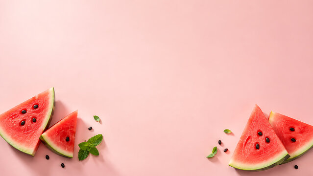 Fresh watermelon slices with mint leaves on pink background with copy space