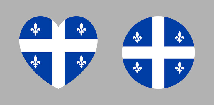 Flag of Quebec province of Canada heart, circle button, badge. Set of Quebec flag round, heart icon, sticker. Flag of region Quebec banner, background.
