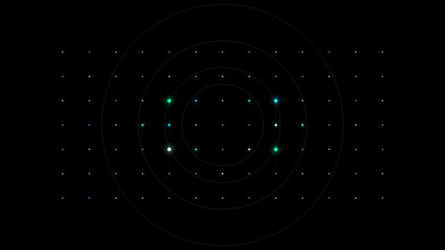 Abstract digital interface featuring a glowing grid pattern with circular elements and data points on a dark background