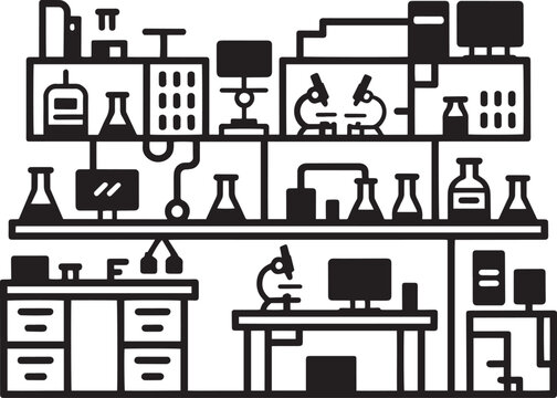 Black and white laboratory equipment icons set for science and medical design