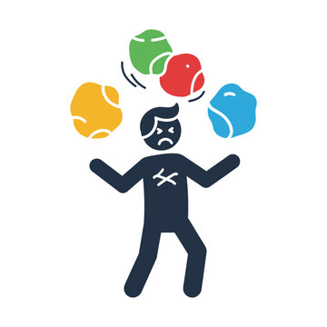 Stressed person juggling multiple colorful tasks, a busy individual overwhelmed by work, a vector illustration of multitasking and pressure