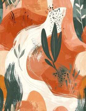 Boho Abstract Seamless Pattern with Organic Shapes and Brush Strokes in Earthy Tones
