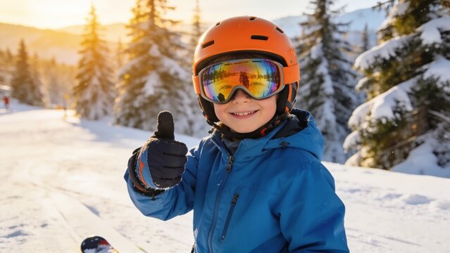 Happy young skier wearing orange helmet and reflective goggles showing thumbs up gesture on snowy mountain ski slope.