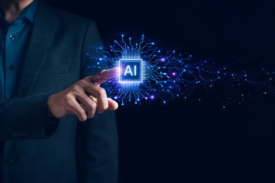 Businessman touching holographic ai processor with glowing circuits and connected nodes representing artificial intelligence adoption digital transformation innovation and enterprise technology
