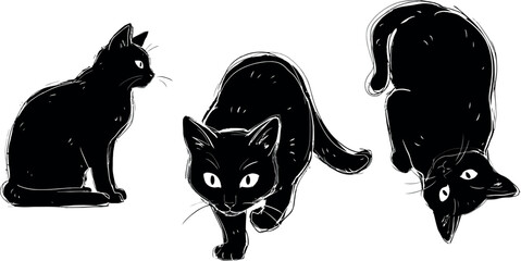 Mysterious black cat silhouette illustration bundle featuring artistic hand drawn kittens in different dynamic poses for creepy Halloween graphic design projects © Armina
