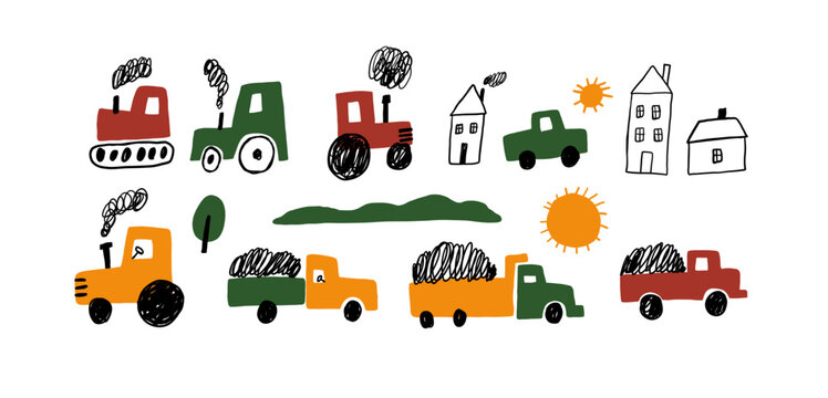 Cute little cars, truck. Cartoon cars adventures. Doodle hand drawn vector illustrations isolated on white background