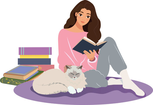 Woman Reading Book and Cat Vector Illustration