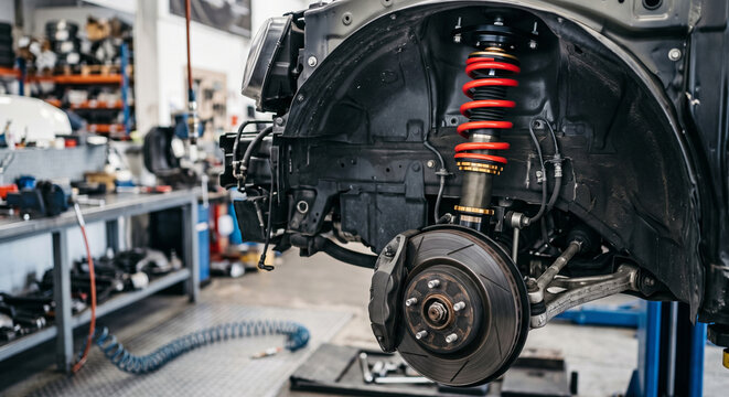 Red and gold adjustable coilover mounted in a front wheel well above an exposed brake hub. Workshop lighting reveals realistic materials and precise automotive engineering.