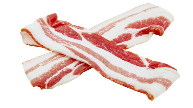 Two raw bacon strips with marbled fat and lean red meat, isolated on transparent background