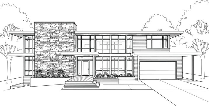 Architectural sketch of a twostory modern house with stone facade and garage