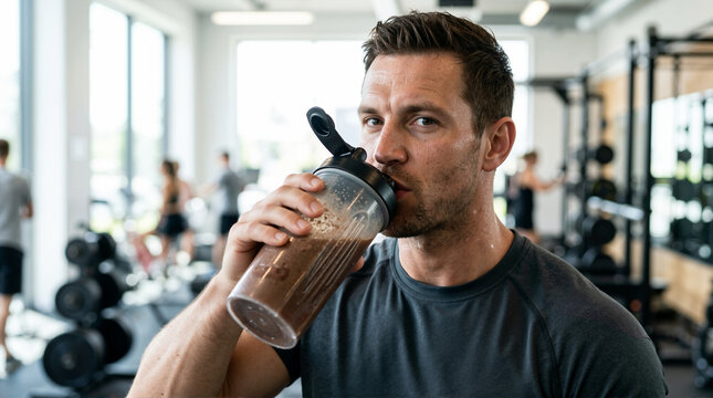 Sweaty muscular man drinking a chocolate protein shake from a shaker bottle in a gym. Male athlete hydrating and recovering after a heavy fitness workout