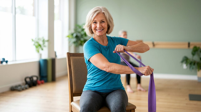 Smiling senior woman doing chair exercises with a purple resistance band in a fitness studio. Active older adult participating in a seated strength training class
