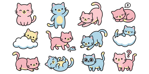 Cute kawaii cat illustration collection, playful kittens in various poses, pastel colors, charming and adorable art for animal lovers © Dhani
