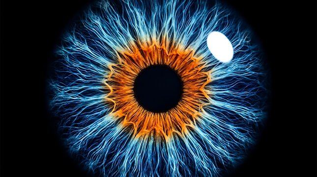 Macro shot of human eye iris. Detailed blue and orange pupil anatomy.