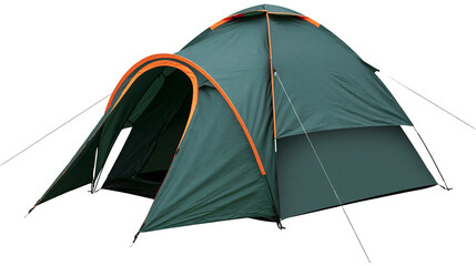Dark green camping dome tent with orange trim, isolated on transparent background © Petra