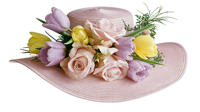 Pink straw hat adorned with pastel roses and tulips, isolated on transparent background