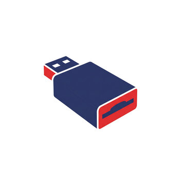 Isometric blue and red USB adapter or memory card reader icon on a white background.