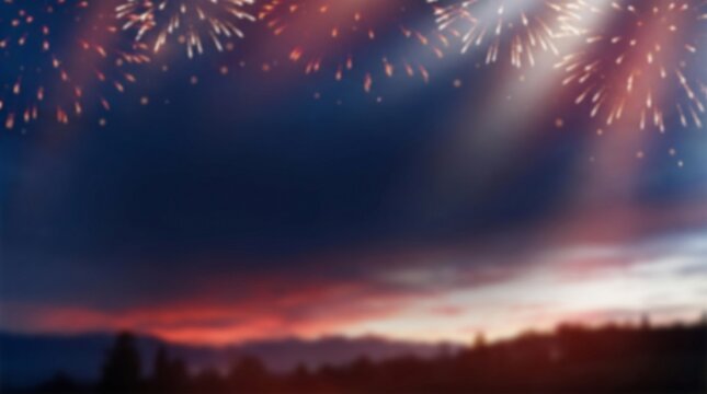 Festive fireworks and light rays in a twilight sunset sky over a blurred mountain landscape