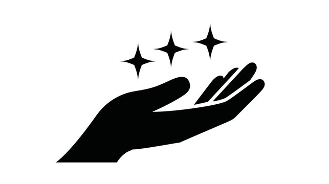 Black hand holding three sparkling stars, isolated on transparent background