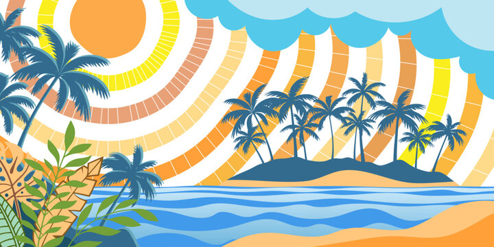 Vector drawing of sea waves and the sun, palm island, cartoon illustration
