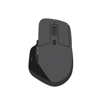 Ergonomic dark grey wireless computer mouse with scroll wheel and side buttons, designed for comfortable and efficient desktop use.