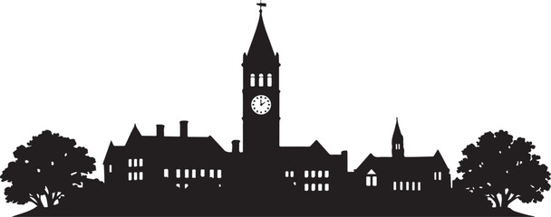 Obraz premium Silhouette of a historical university campus building with a clock tower and trees Silhouette Vector