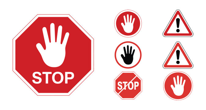 red stop sign icon set with hand symbol for warning, attention, prohibition, danger and road safety vector illustration