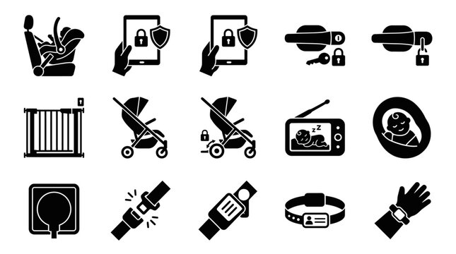 Black icons of various objects.