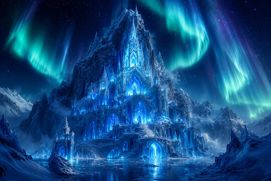 Majestic fantasy ice castle beneath the glowing aurora borealis. Enchanted frozen kingdom with dramatic mountain scenery, magical architecture, and epic winter night atmosphere.