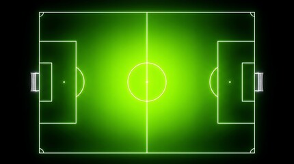 Obraz premium Glowing soccer field top view. Neon football pitch layout on black background.