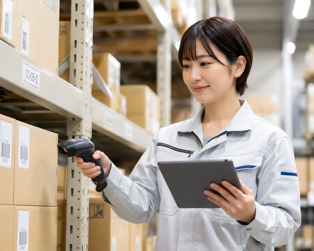 物流倉庫でバーコードを読み取る女性作業員
