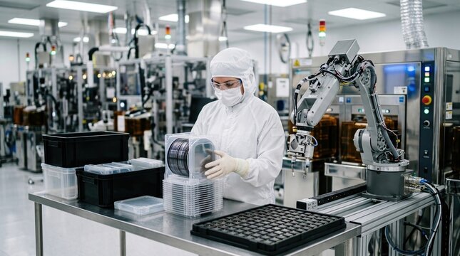 Cleanroom engineer inspecting wafer cassettes beside a robotic arm, anti-static totes, and packaged chips in a semiconductor lab.