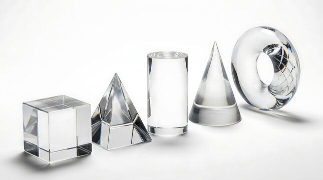 Five Transparent Glass Geometric Primitives Cube Pyramid Cylinder Cone Torus Isolated White Background
