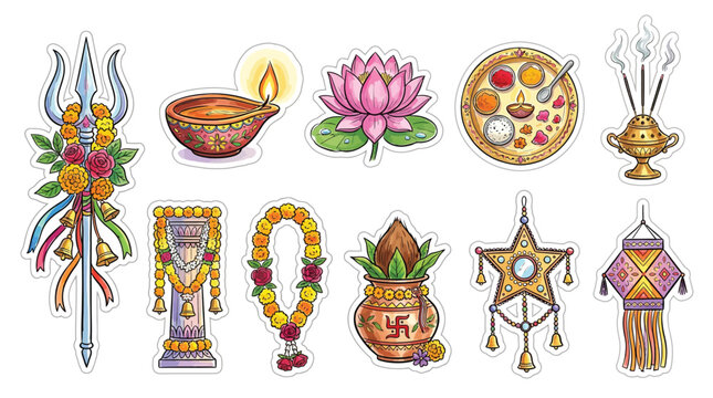 Collection of Hindu religious and cultural symbols, including a trident, diya, lotus, puja thali, incense, kalash, and lanterns, representing various Indian festivals and traditions.