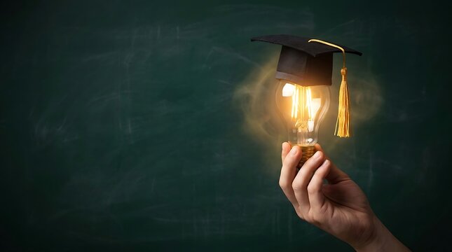 A hand holding a glowing light bulb inside a graduation cap as a creative concept for celebrating teacher day in school