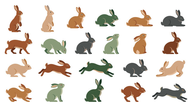 Set of rabbits and hares in various poses flat vector collection.