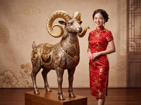 Asian woman wearing a traditional red dress posing next to an ornate golden ram sculpture inside a museum