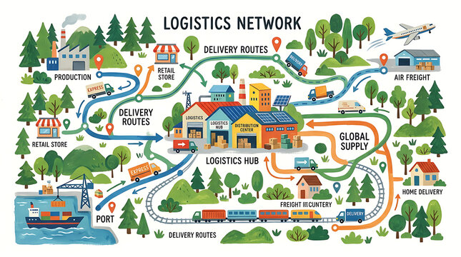 Colorful flat vector illustration of a logistics supply chain map showing delivery routes from warehouse to city with trucks trains and cargo ships in a modern stylized business design