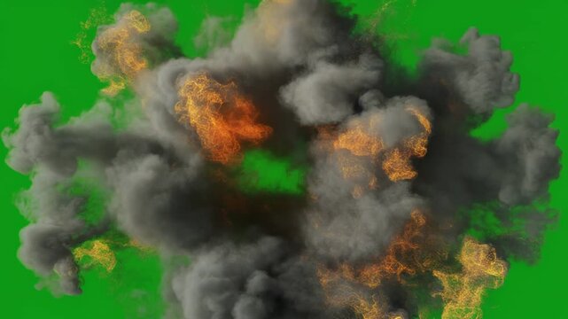 Explosion expanding with orange flames and dark smoke against green screen background