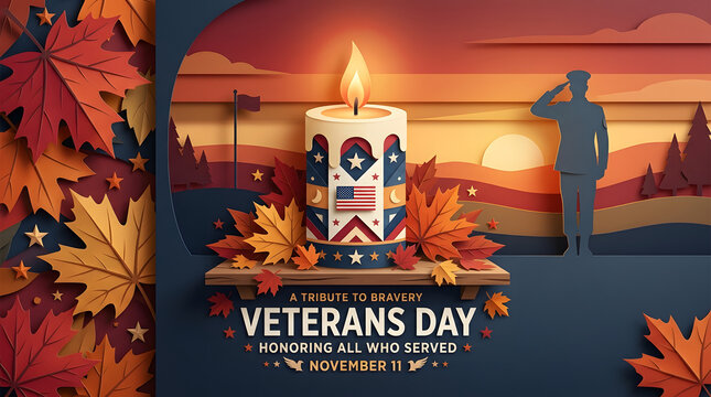 Veterans day poster with soldier silhouette and american flag honoring military service on november 11